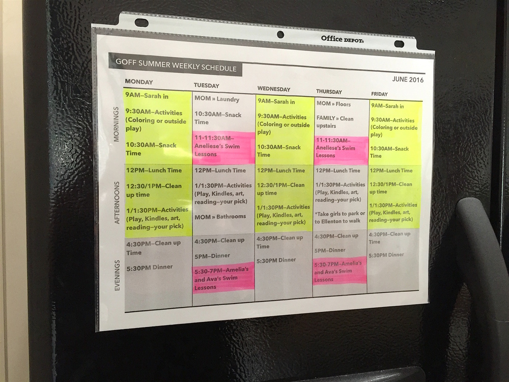 Example of a colorful family schedule (used for a part-time nanny and managing a day-to-day family schedule), on the refrigerator. Click through to get tips on scheduling your work-from-home days, or Pin this for later!