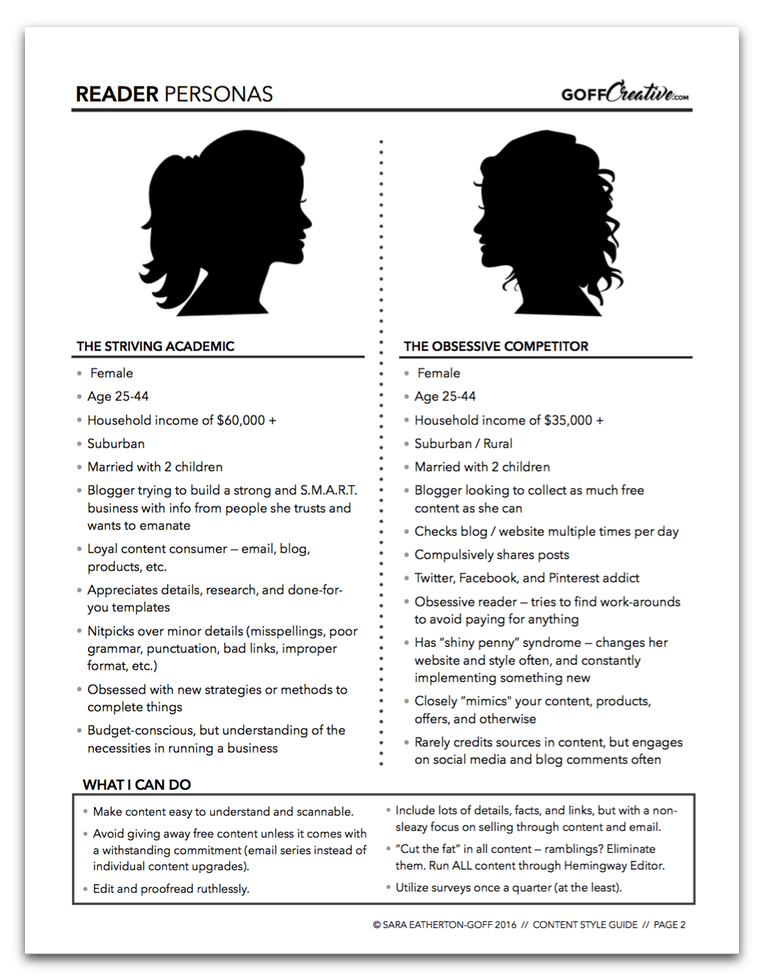 An example of my reader personas used as the second page of my content style guide for GoffCreative.com
