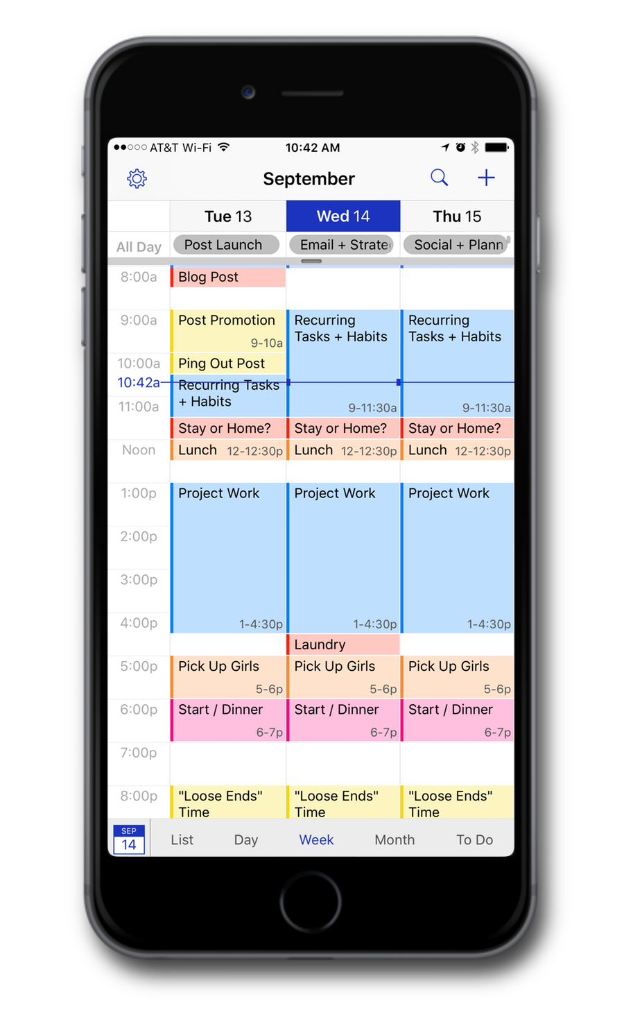 Example schedule of Daily Themes and Time Blocks to break up the day for your best use of time.