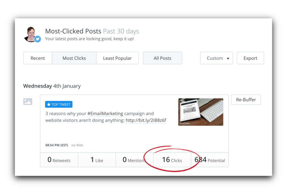 Example of a popular social media post (via Buffer) that I'll continue to share because it gets me the results I'm looking for: Clicks. [ GoffCreative.com ]