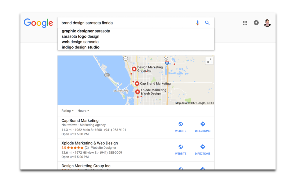 Google Search Results for search term "brand design sarasota florida" | blog post tutorial from Sara Eatherton-Goff of GoffCreative.com