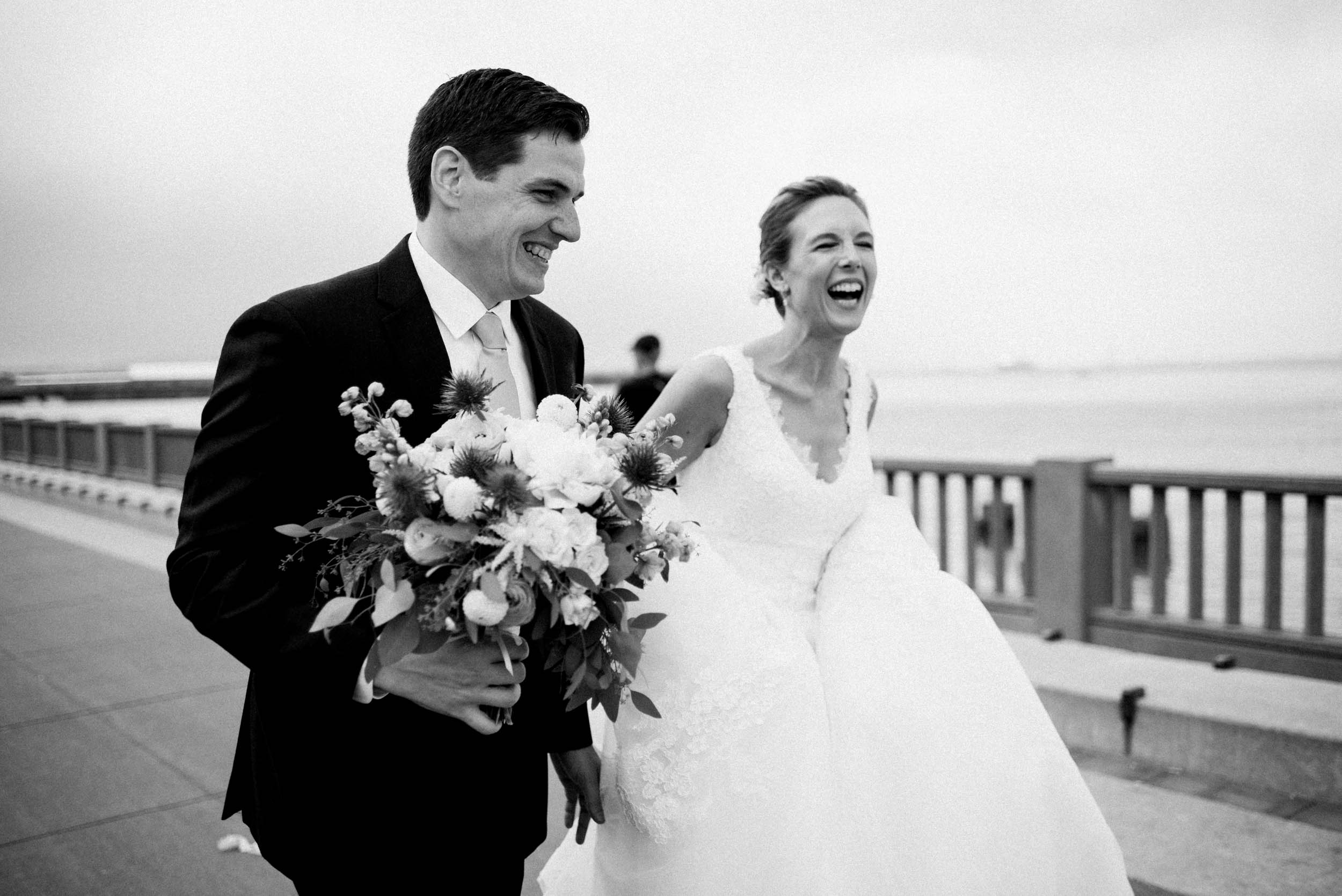 Bride and groom laughing