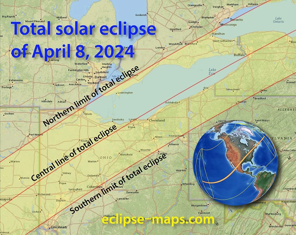 The path of the April 8, 2024 total solar eclipse as it passes over Lake Ontario. Courtesy eclipse-maps.com