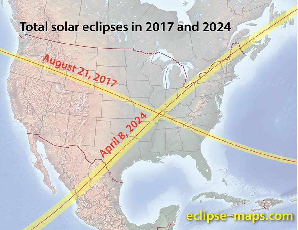 The paths of the 2017 and 2024 solar eclipses courtesy eclipse-maps.com