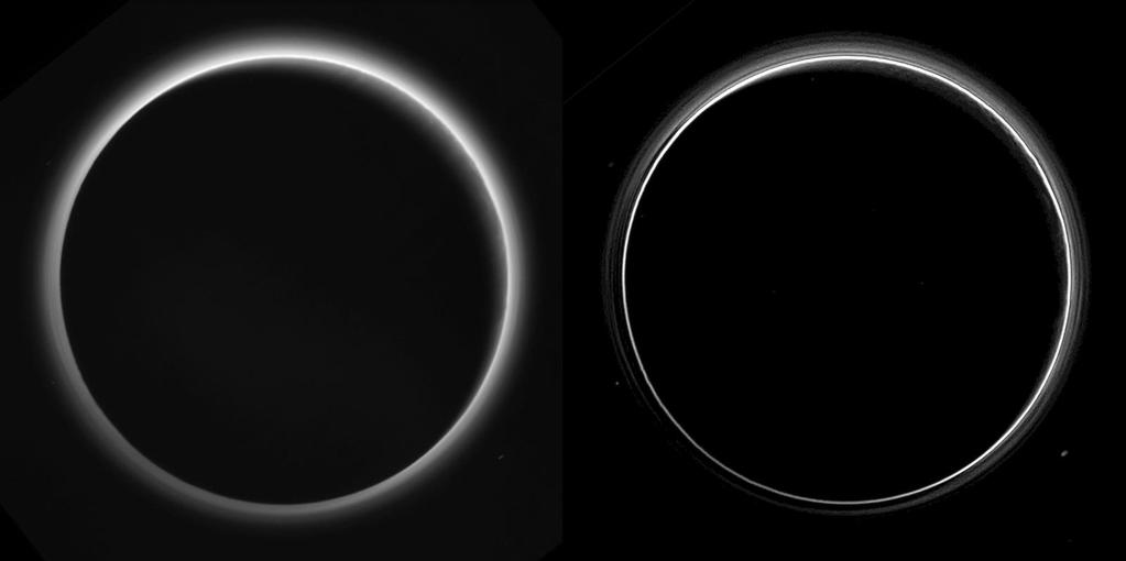 Two different versions of an image of Pluto’s haze layers, taken by New Horizons as it looked back at Pluto's dark side nearly 16 hours after close approach, from a distance of 480,000 miles (770,000 kilometers), at a phase angle of 166 degrees. Pluto's north is at the top, and the sun illuminates Pluto from the upper right. These images are much higher quality than the digitally compressed images of Pluto’s haze downlinked and released shortly after the July 14 encounter, and allow many new details to be seen. The left version has had only minor processing, while the right version has been specially processed to reveal a large number of discrete haze layers in the atmosphere. In the left version, faint surface details on the narrow sunlit crescent are seen through the haze in the upper right of Pluto’s disk, and subtle parallel streaks in the haze may be crepuscular rays- shadows cast on the haze by topography such as mountain ranges on Pluto, similar to the rays sometimes seen in the sky after the sun sets behind mountains on Earth.