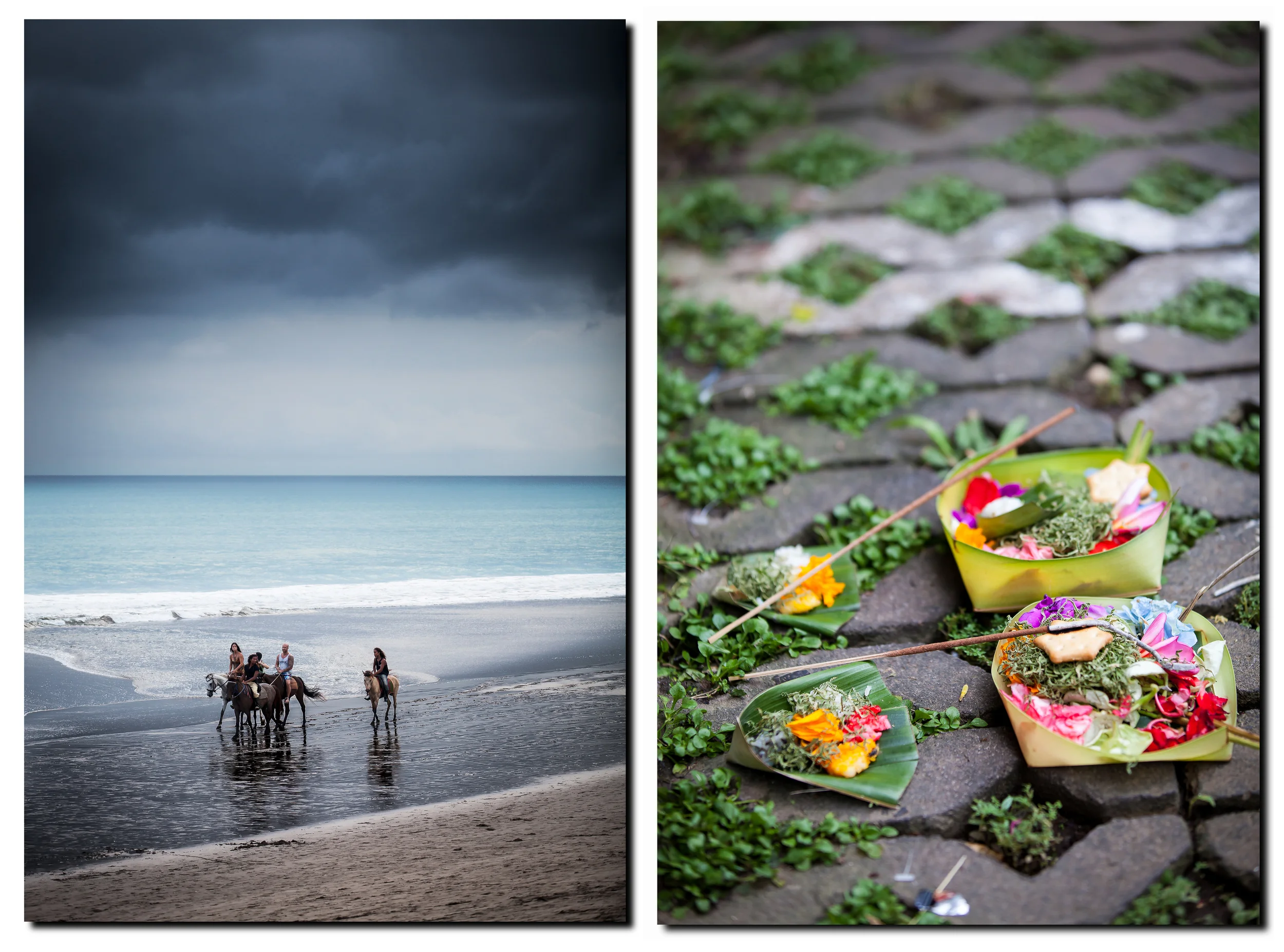 Horses on Seminyak beach & a traditional Hindu offering.