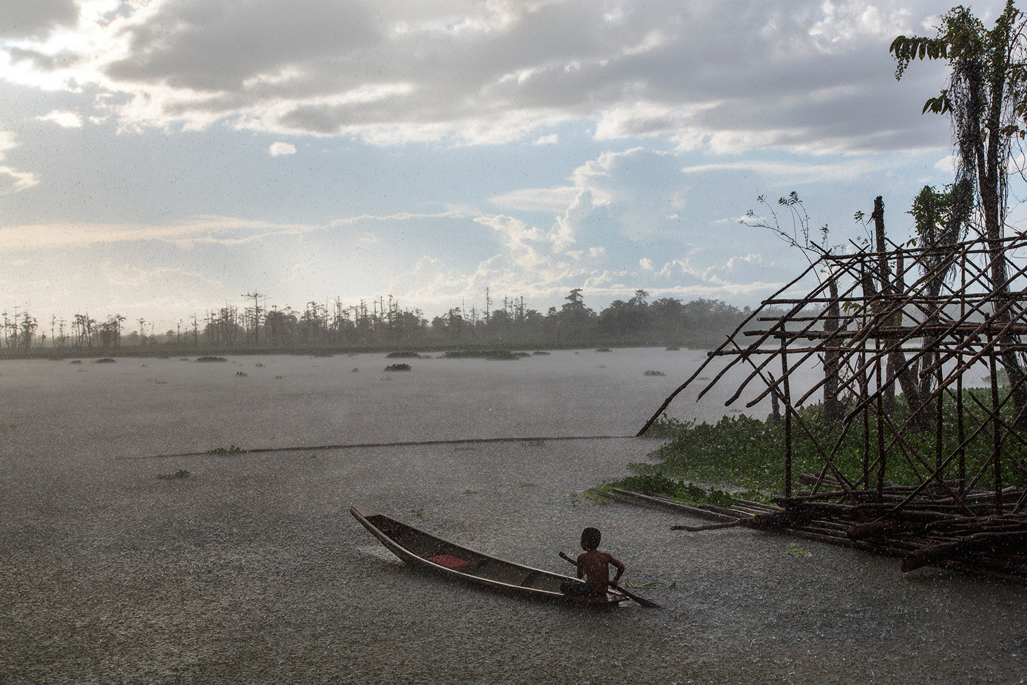  A young Monobo boy guides his canoe through an unexpected rainfall in a community floating village in the middle of Agusan Marsh, Mindanao in the Philippines. 