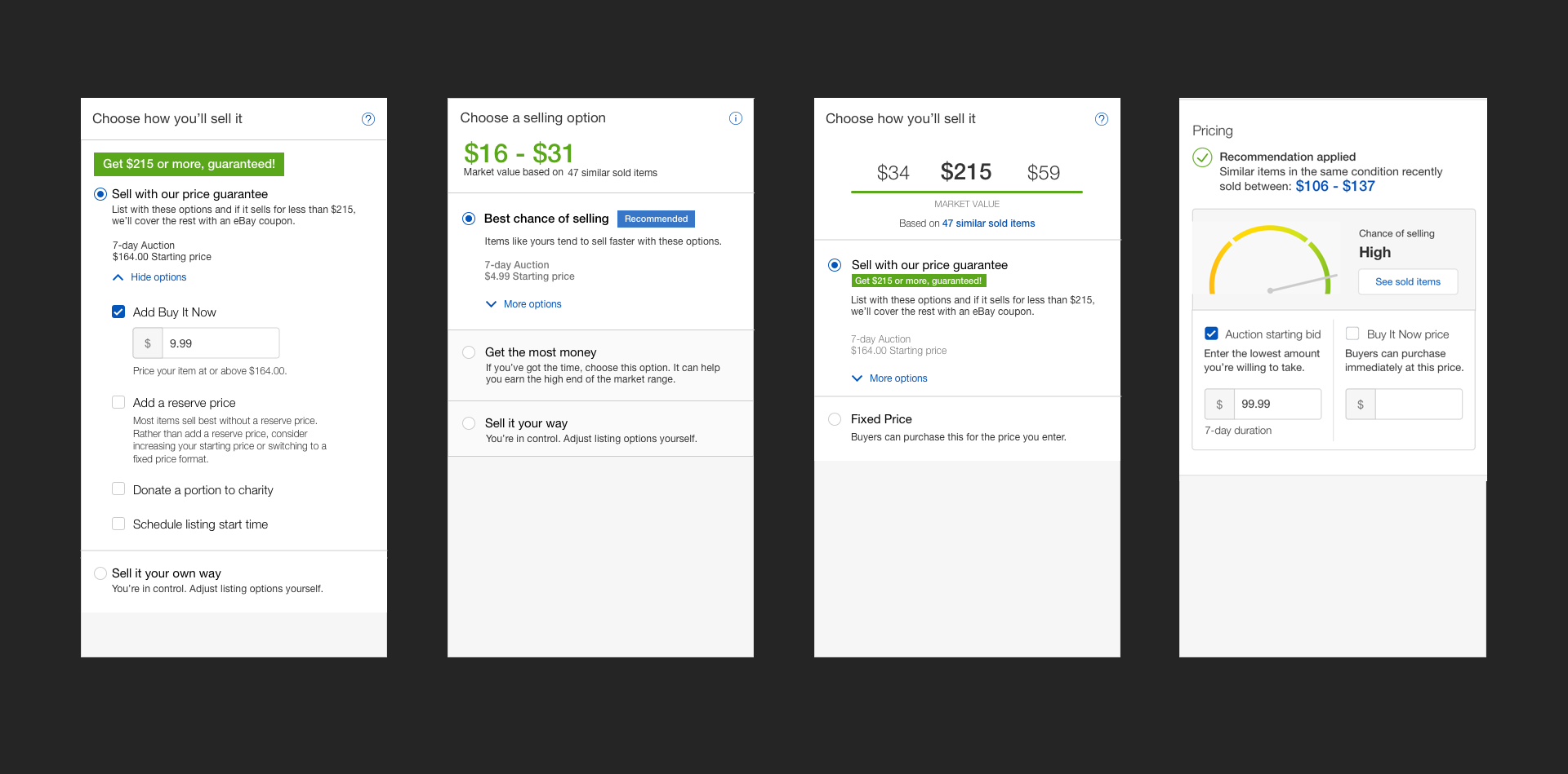 Design evolution of the pricing section.
