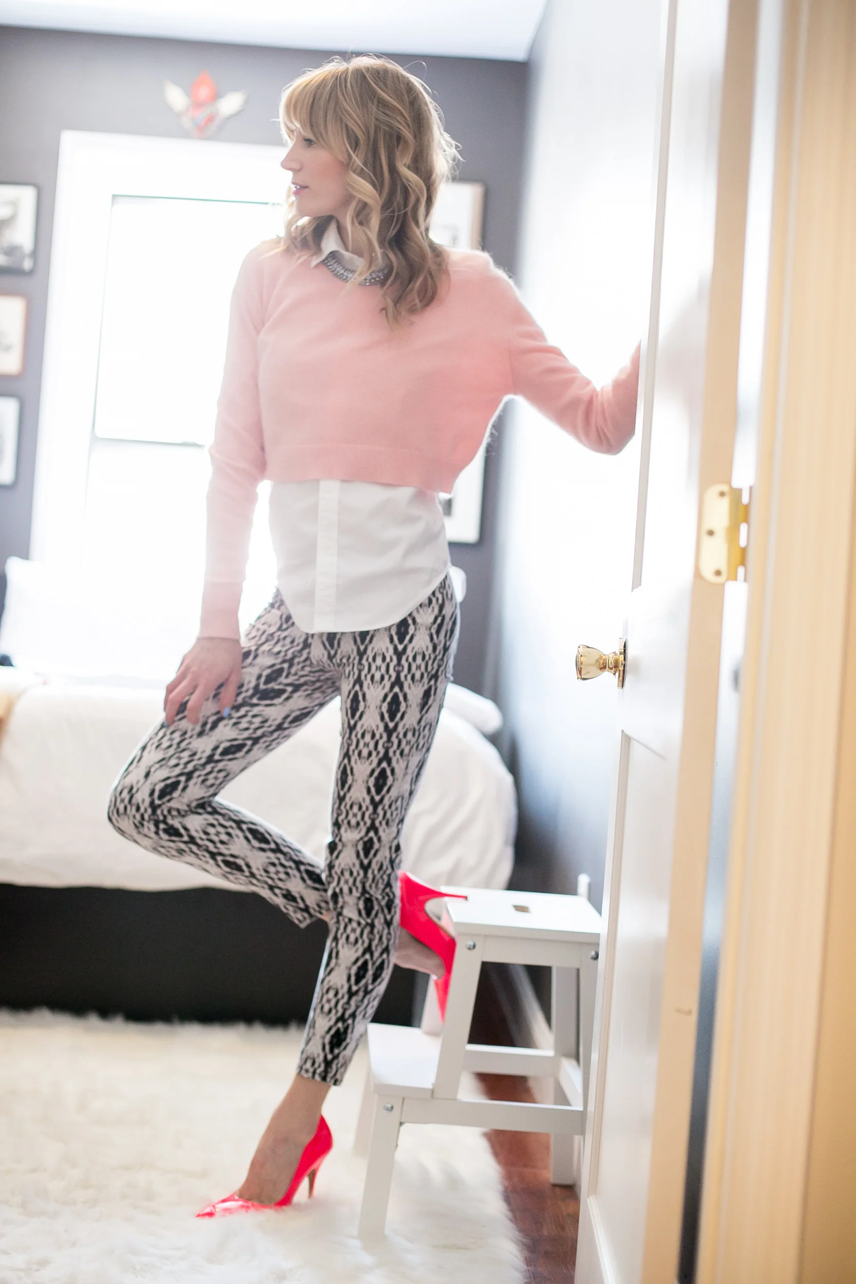 Sweater, H&M ( similar here ); Blouse, Ralph Lauren ; Pants, H&M ( similar here ); Shoes, Kate Spade ; Necklace; Forever 21 ( similar here ) Photos by Phillip Van Nostrand 