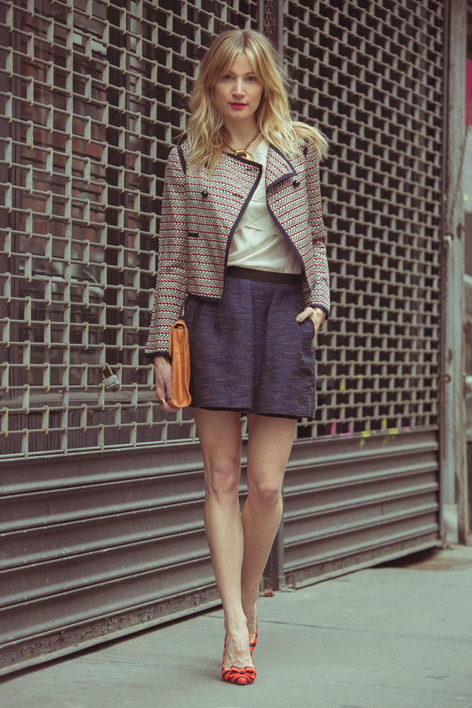 Jacket, Elizabeth and James (old); Top, Vintage; Skirt, French Connection ; Shoes; J. Crew ( similar here ); Bag, Rebecca Minkoff (old); Necklace, Vintage; Rings, Maison Martin Margiela 