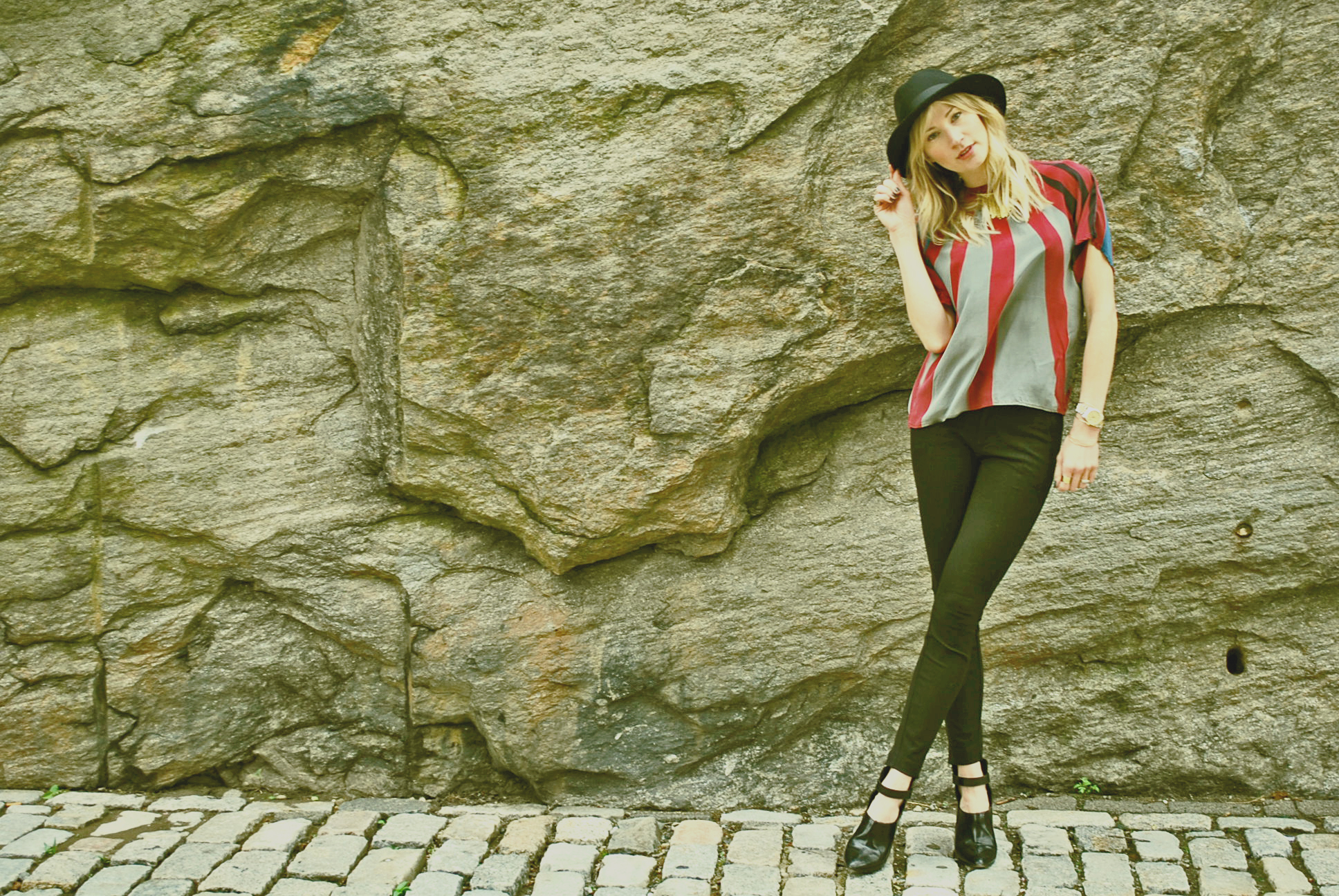 Top, Vintage; Pants, Zara ; Shoes, Nasty Gal ( similar here ); Hat, TopShop ( similar here ); Necklace, Vintage; Rings, Maison Martin Margiela ; Watch, Rolex