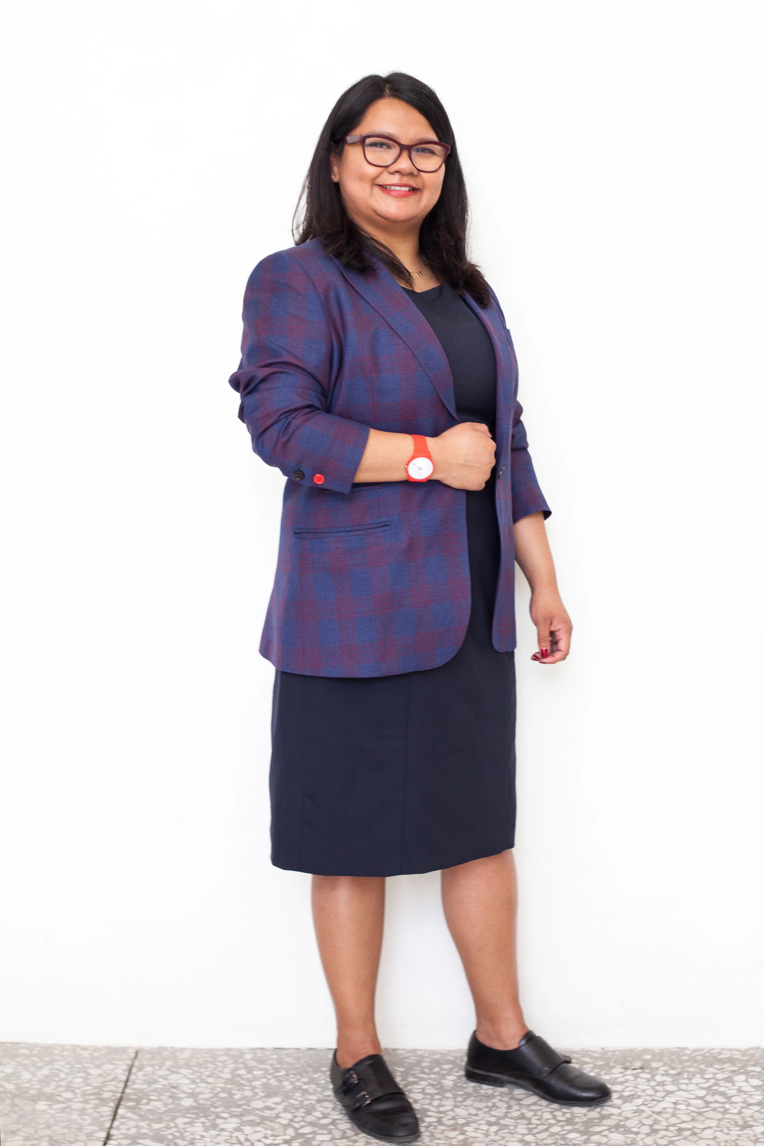 Women's oxblood and navy suit jacket, red button detail