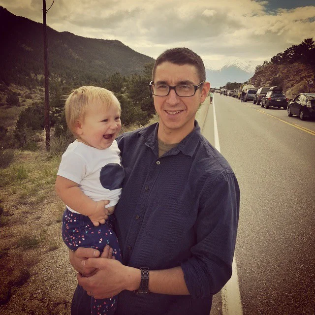 Jeff and baby Sagee stuck in traffic on the way to Lower Piedra