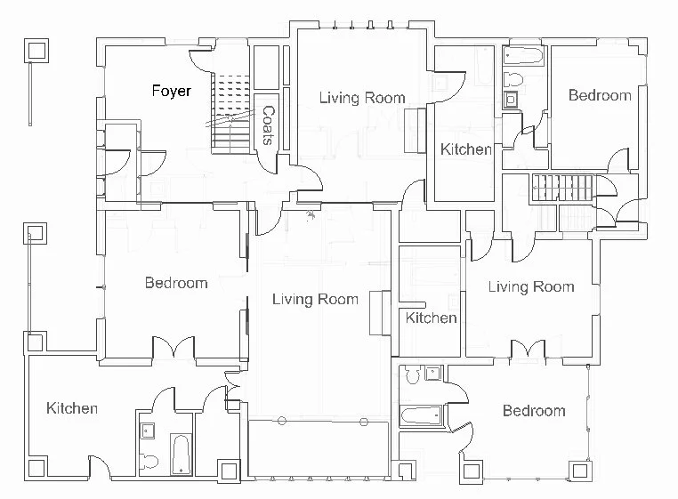 Apartment 1 lower left, Apartment 2 upper right, Apartment 3 lower right