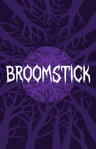 Broomstick play name covers purple trees reaching to a full moon.
