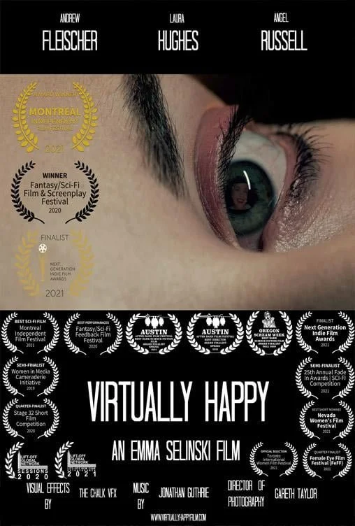Promotional image for Virtually Happy, a science fiction drama short directed by Emma Selinski exploring social media, identity and digital culture.