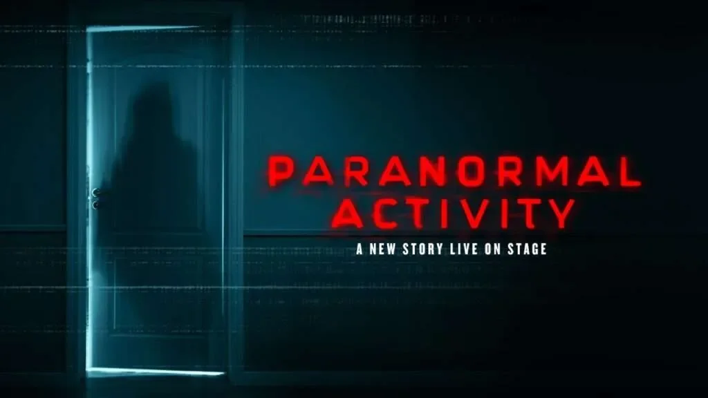Paranormal Activity: A New Story Live On Stage Poster. A ghostly image is opening a bedroom door.