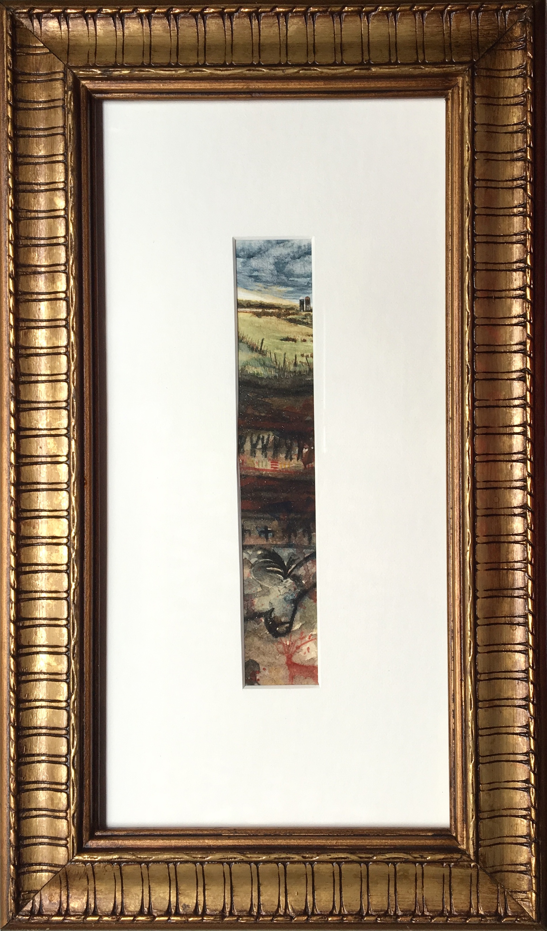 Bury It Deep (Wetumpka farmland with silos, cave paintings, pictographs, Kent Cloth from Ghana + Eastern Sioux baby carrier) watercolor on Bee paper 1.25”x7.25”, matted + framed to 6”x12”