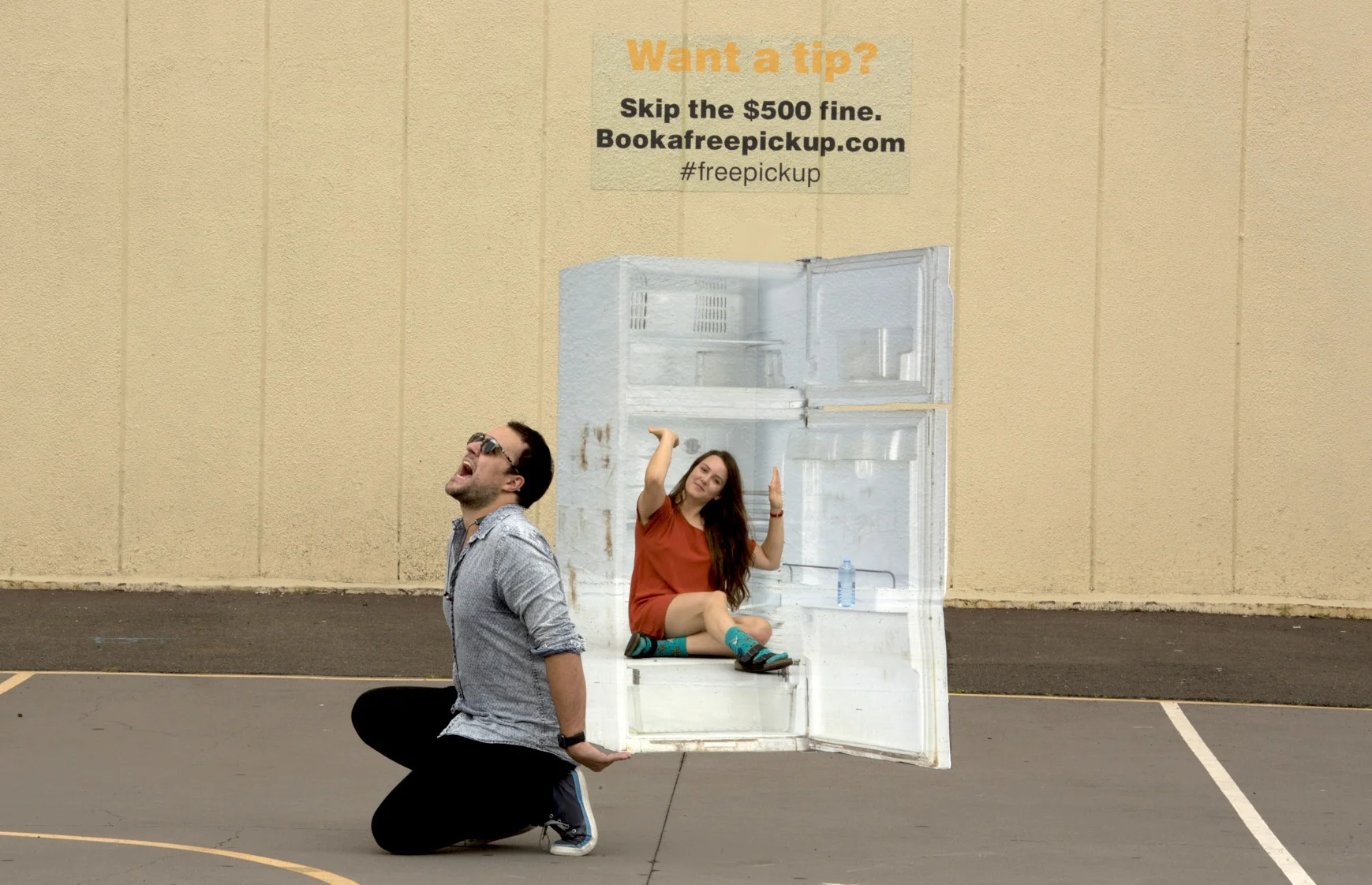 From the correct angle, this artwork looks like a fridge standing on a basketball court