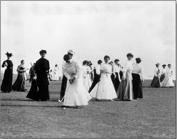 1903 - Women golfers practice for a putting contest prior to the inaugural North and South Amateur Championship at Pinehurst. In support of women's golf, lockers were included for women when the famous clubhouse was built in 1898. Photo: Pinehurst.com