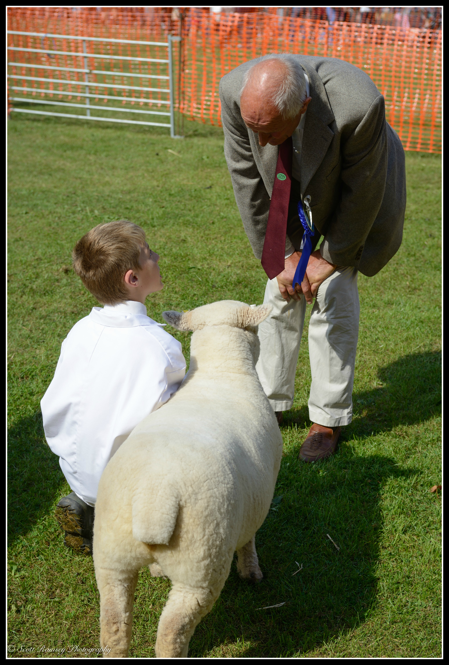 A judge chats to a young boy about his sheep whilst judging takes place in the main arena at the Findon Sheep Fair.