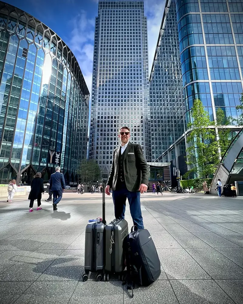 Director Scott Ramsey on location in Canary Wharf, London, representing high-end cinematic brand storytelling and commercial film production.