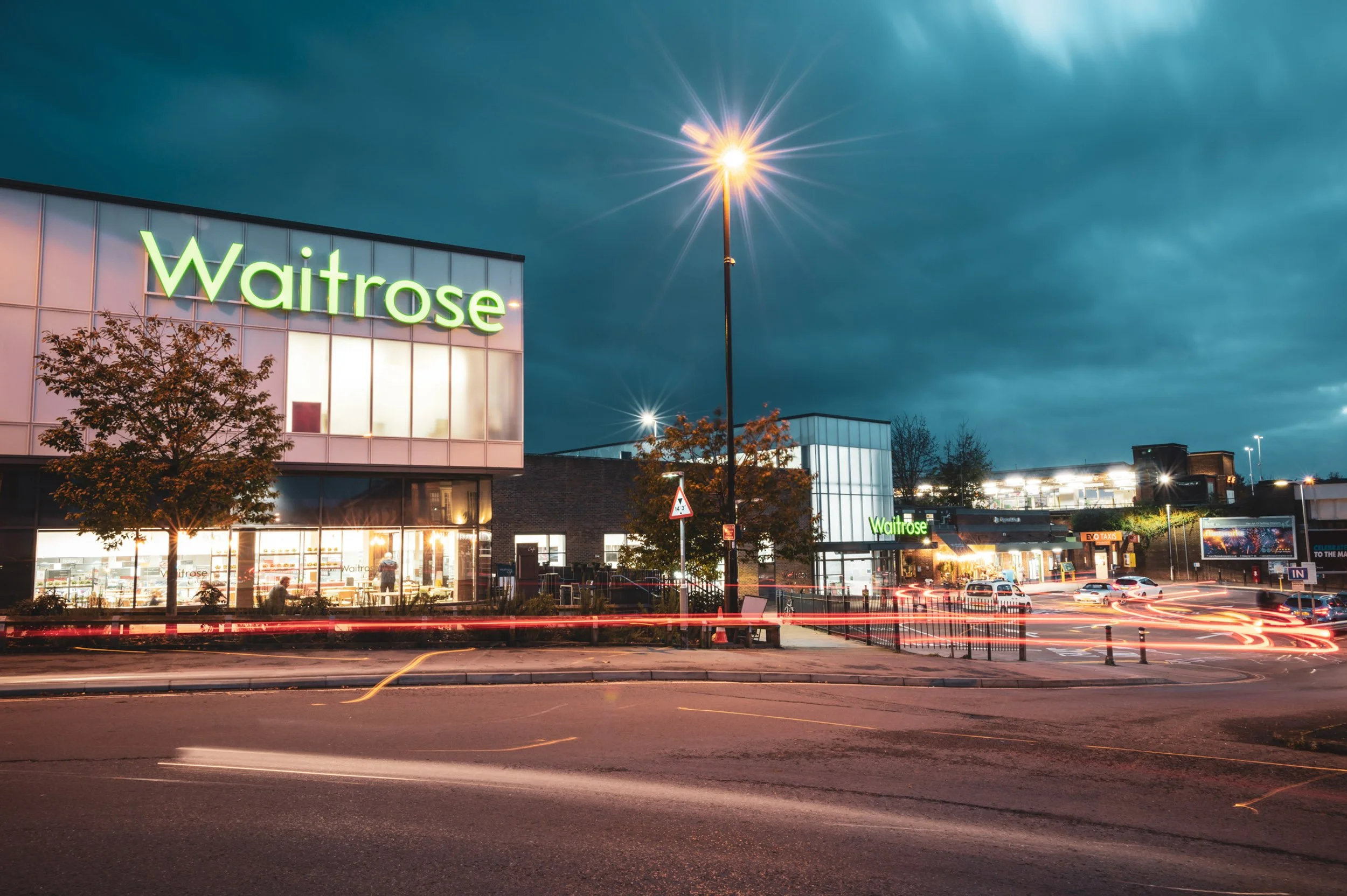 Cinematic commercial architectural photography of the Waitrose development in Haywards Heath, West Sussex. Commissioned for a regional regeneration project to document commercial growth in the Mid Sussex area.