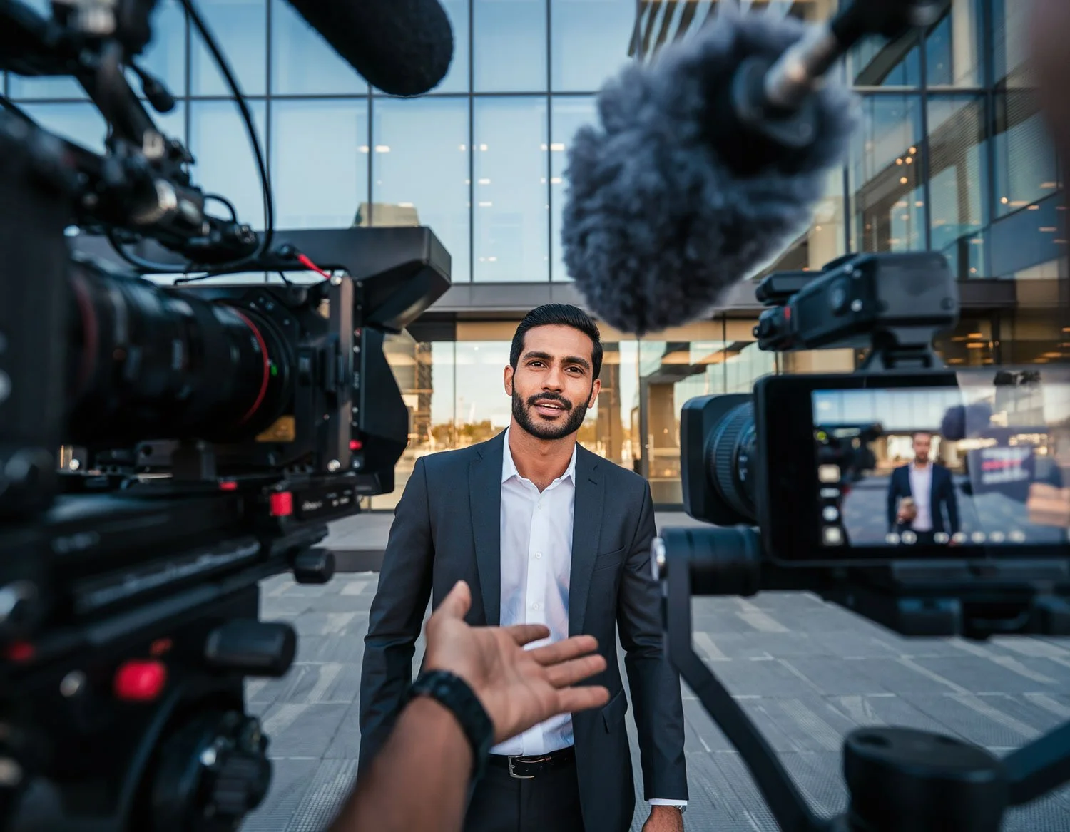 Professional corporate video camera setup for a single-day interview in a London office.