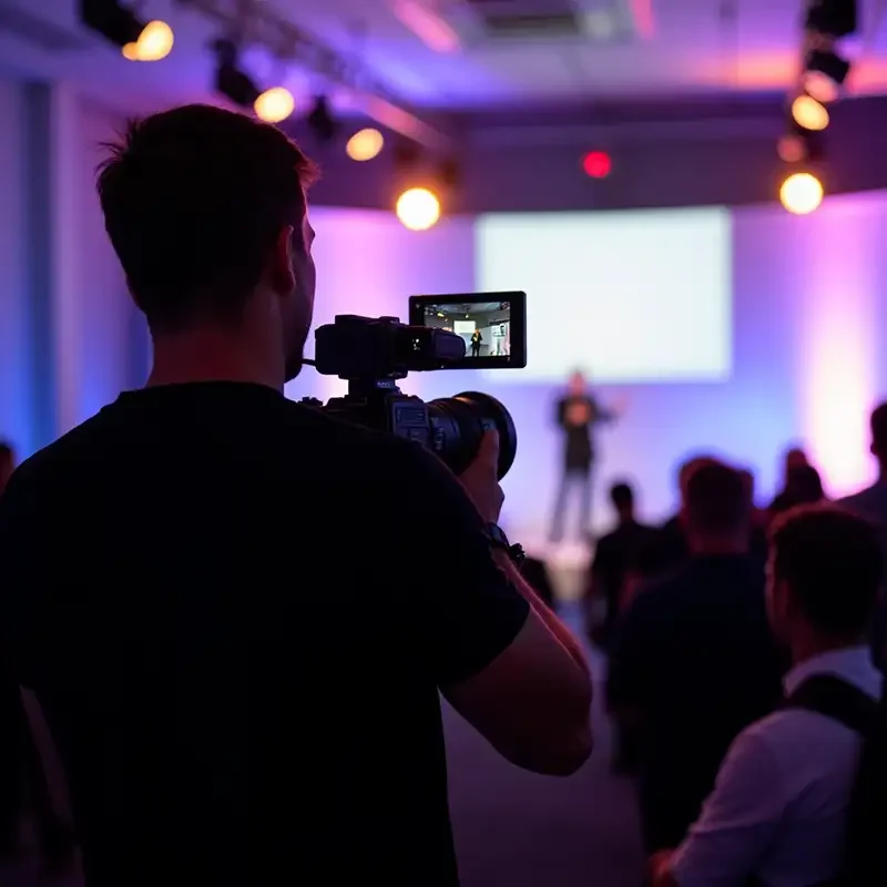 A professional videographer filming a keynote speaker on stage at a large-scale corporate conference, using a broadcast-grade 4K cinema camera rig.