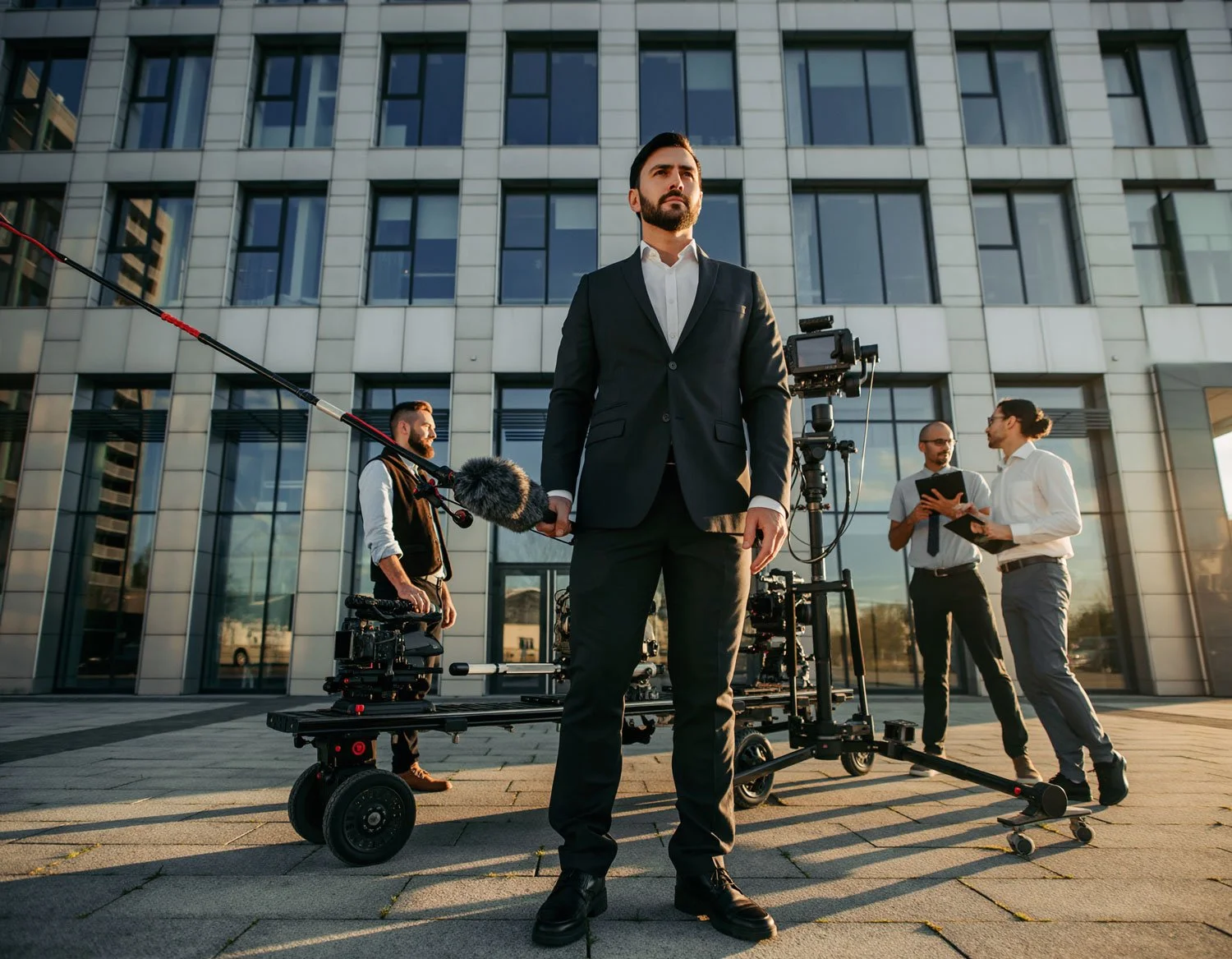 Large-scale corporate video production with multiple crew members and specialized cinematic equipment on a complex set for an Executive Bespoke project.