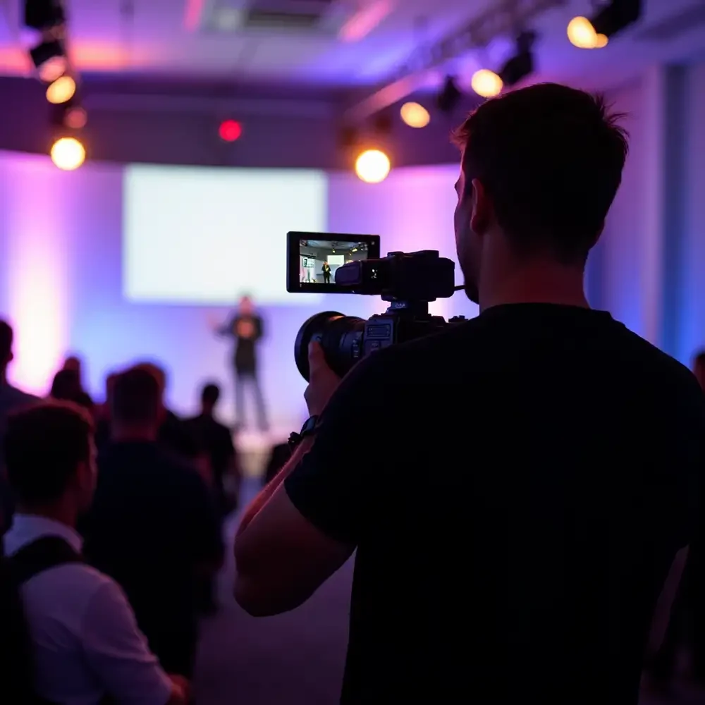 A professional videographer filming a high-stakes corporate summit with a cinema-grade camera, capturing broadcast-quality visuals and audio.