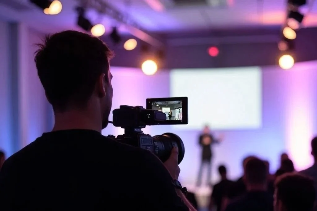A professional videographer filming a high-stakes corporate summit with a cinema-grade camera, capturing broadcast-quality visuals and audio.