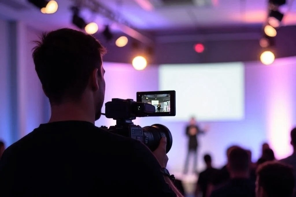 A professional videographer filming a keynote speaker on stage at a large-scale corporate conference, using a broadcast-grade 4K cinema camera rig.