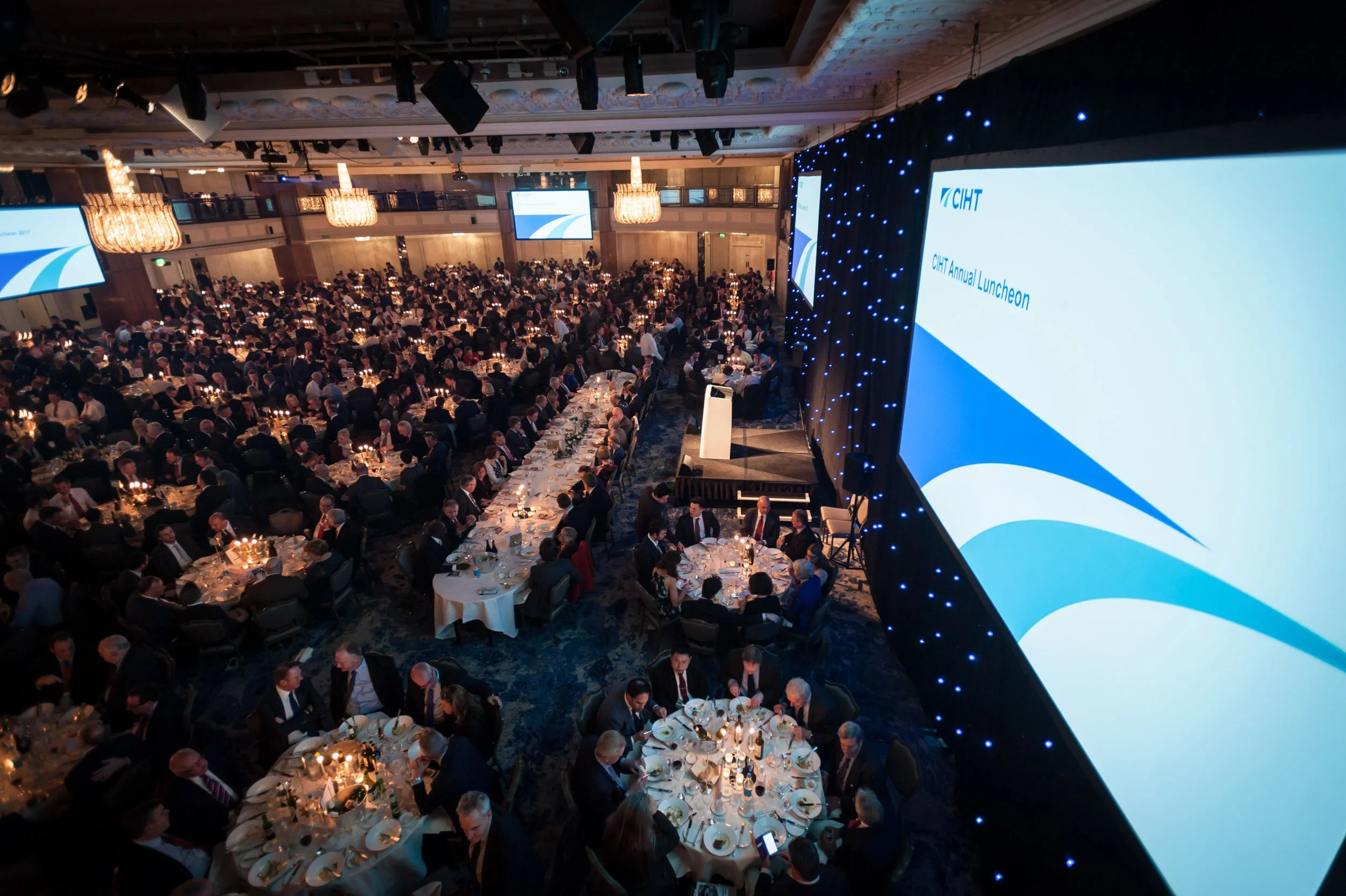 Interior view of the Great Room at Grosvenor House London during a corporate event, showcasing the professional scale captured by the Scott Ramsey videography team.