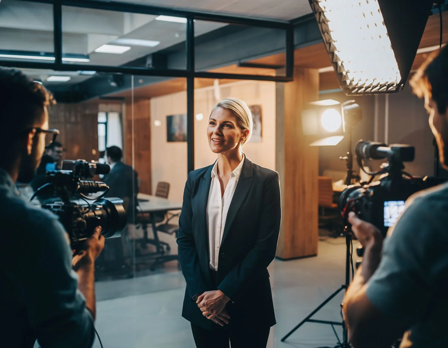 Two-person corporate video production crew setting up professional lighting and cameras for a brand film shoot in the UK.