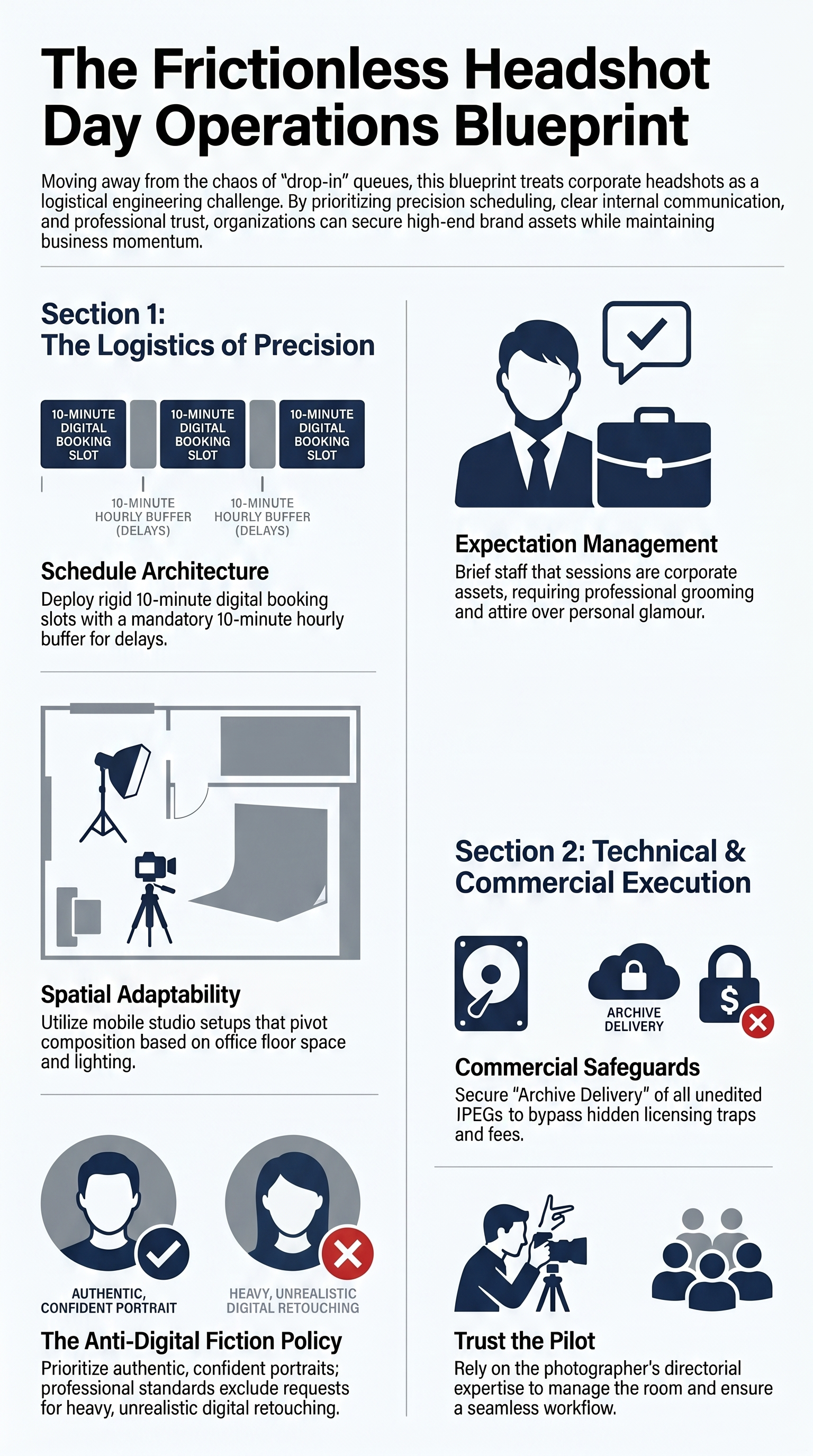 Infographic titled 'The Frictionless Headshot Day Operations Blueprint' by Scott Ramsey, outlining a 5-step operational framework for corporate headshot logistics, schedule architecture, and commercial safeguards.
