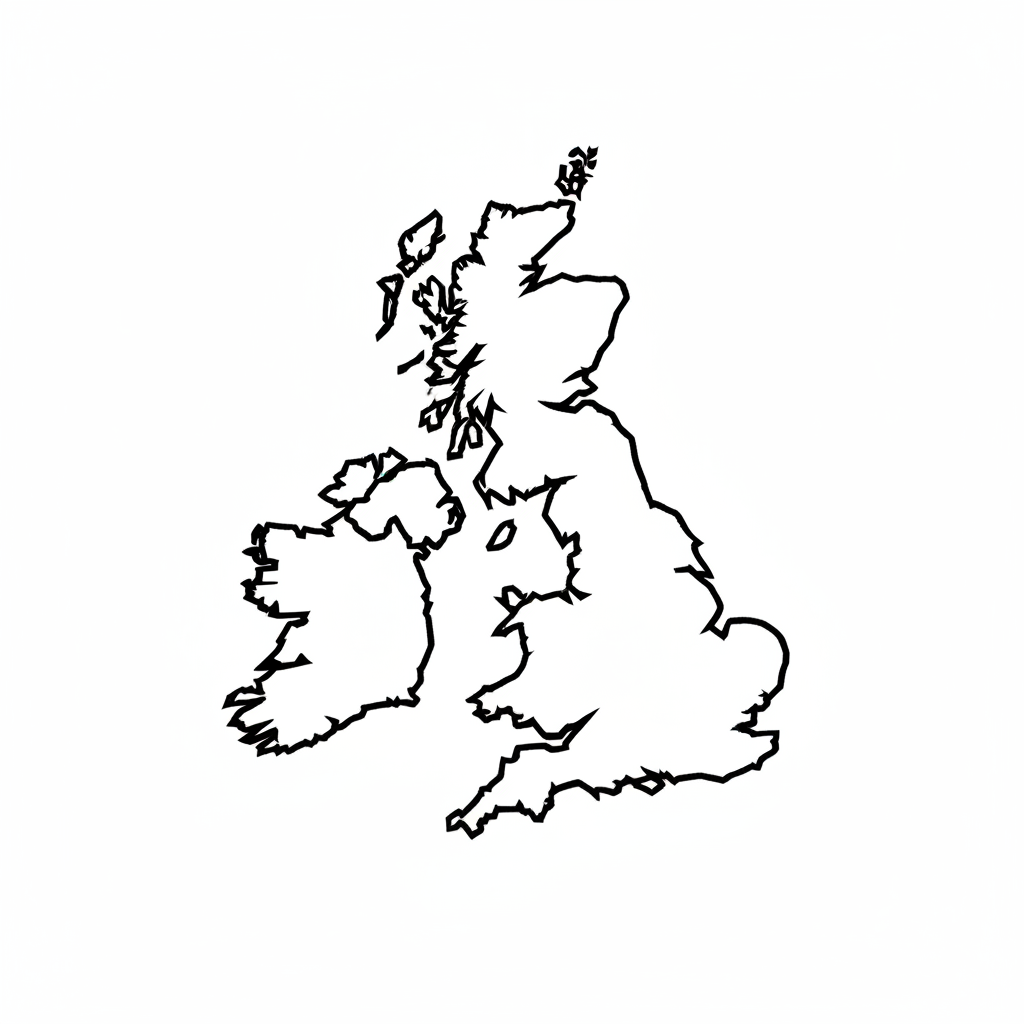 A minimalist black line art icon showing a simplified silhouette of the United Kingdom, representing the Scott Ramsey Photography & Videography Regional Bureau network locations.