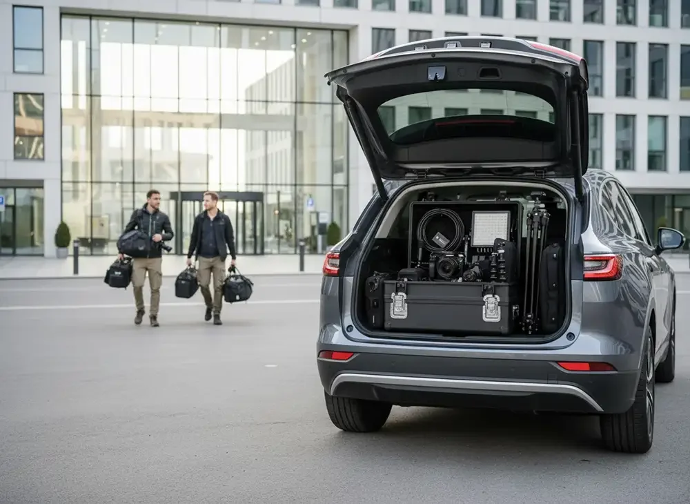 A professional event videography crew wearing smart business attire, loading high-end cinema equipment into a vehicle after a corporate assignment in London.