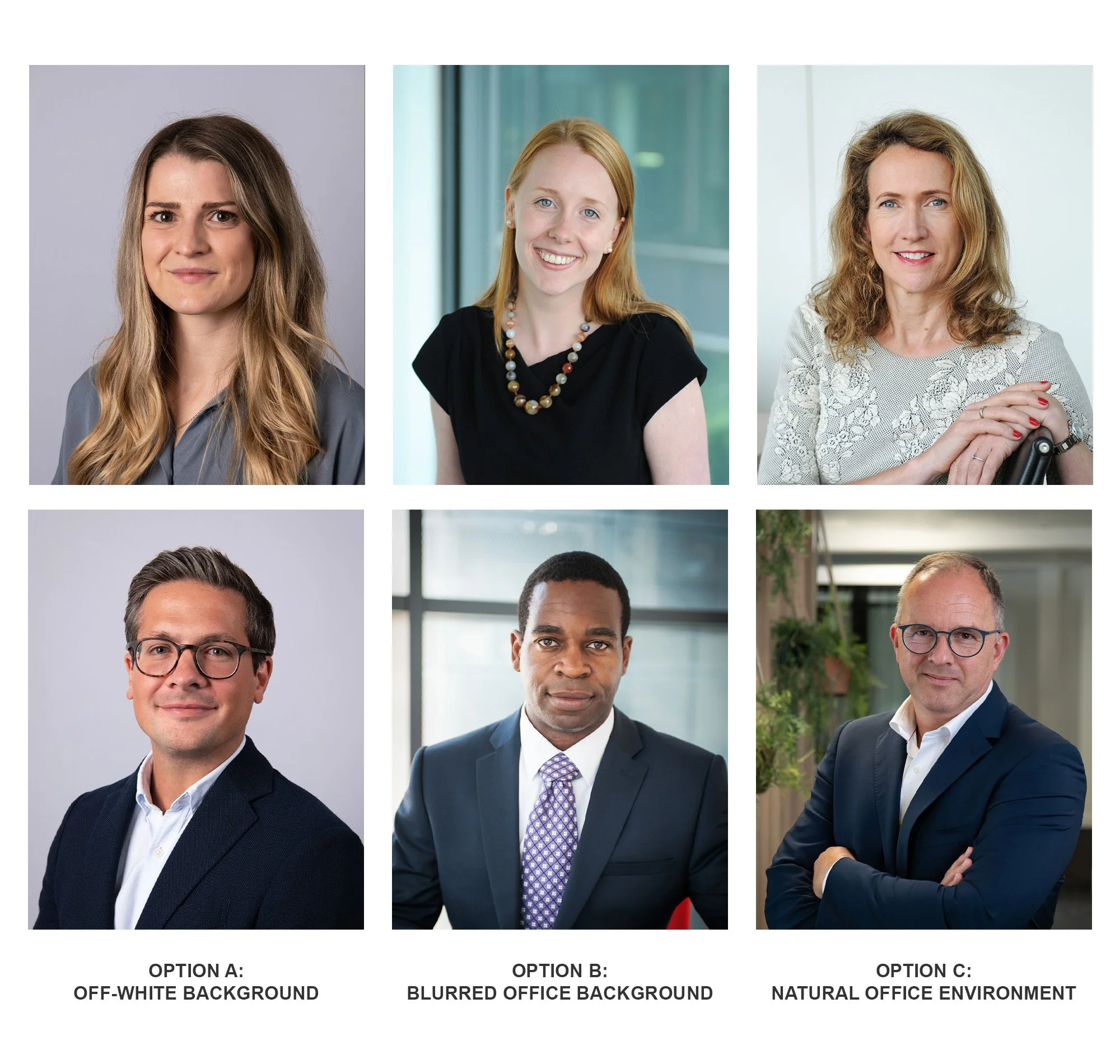 A comparison montage of Scott Ramsey's corporate headshot styles. Shows male and female examples of Option A (Off-White Background), Option B (Cinematic Blurred Office), and Option C (Natural Office Environment).