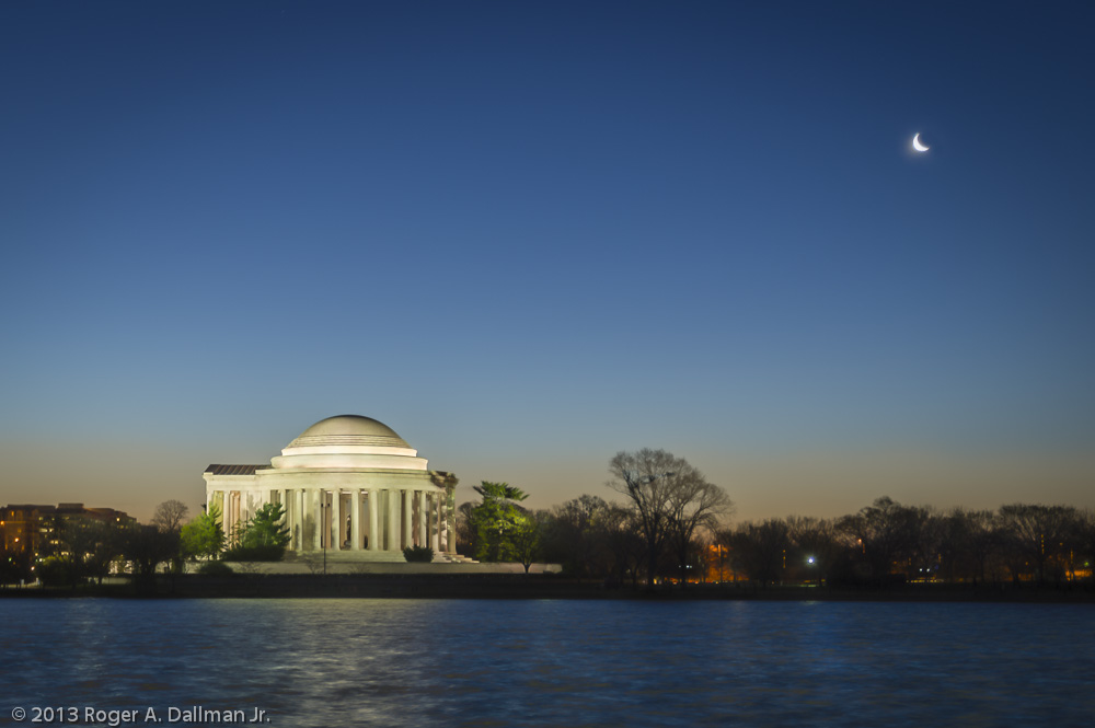 The Jefferson Memorial, with a crescent moon