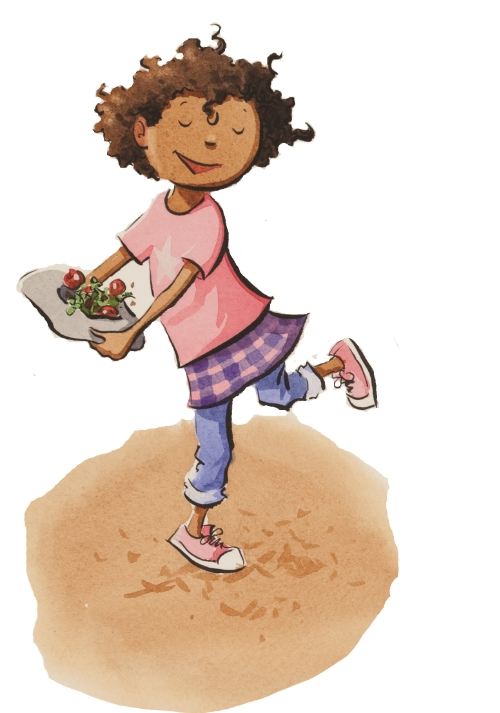 Maggie dancing with her salad pie.