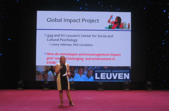 Alexaundra Zanella, g4g Project Coordinator, presents the Impact Project at the Big Bang Theory Scientific Competition at Sichuan University in Chengdu, China in July 2016