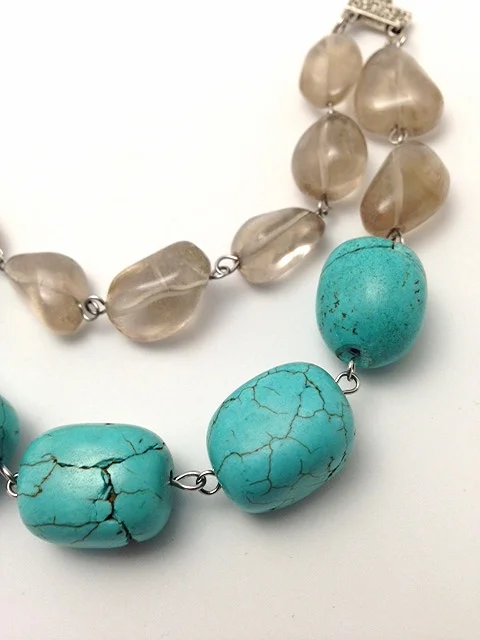 Multi Layered Gemstone Smoky Quartz and Turquoise Statement Necklace
