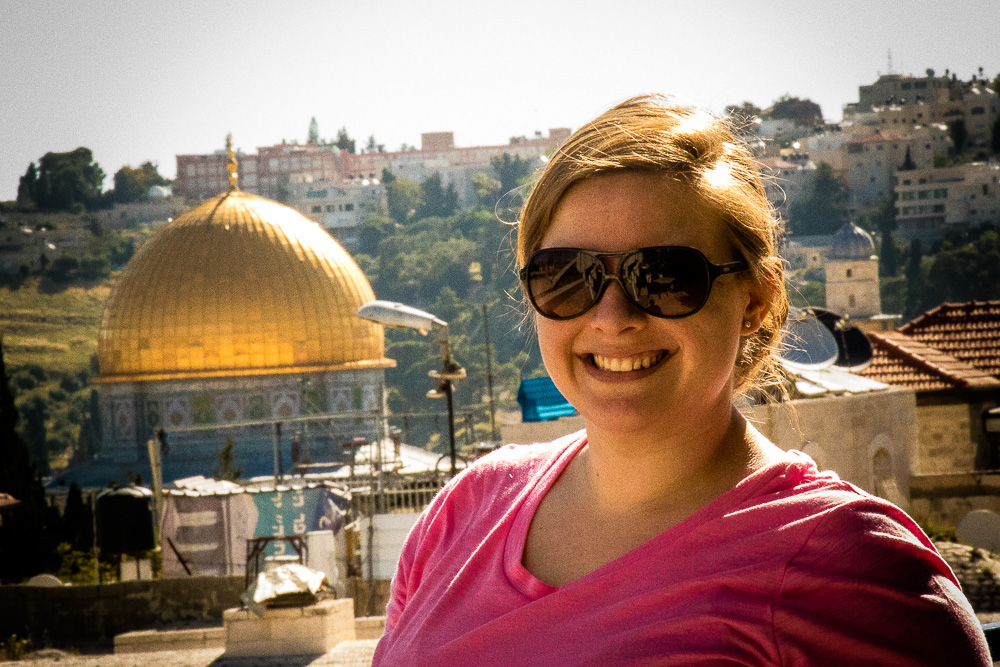 This morning, the weather was great! We have a gorgeous view of the Dome of the Rock on the Temple Mount from where we stay. The guest house where our rooms are is a beautiful stone building with an expansive garden and patio area with stunning views of the city (and Amy!).