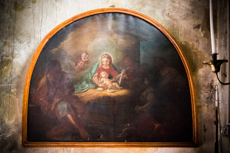 One of many depictions of Jesus' birth adorning the massive walls of the ancient Church of the Nativity.