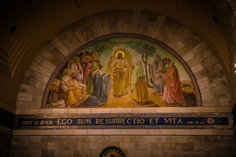 The colorful mosaics inside the church of Lazarus in Bethany recount the amazing events that took place there, including Jesus' powerful statement, "I am the resurrection and the life" just before raising Lazarus from the dead!