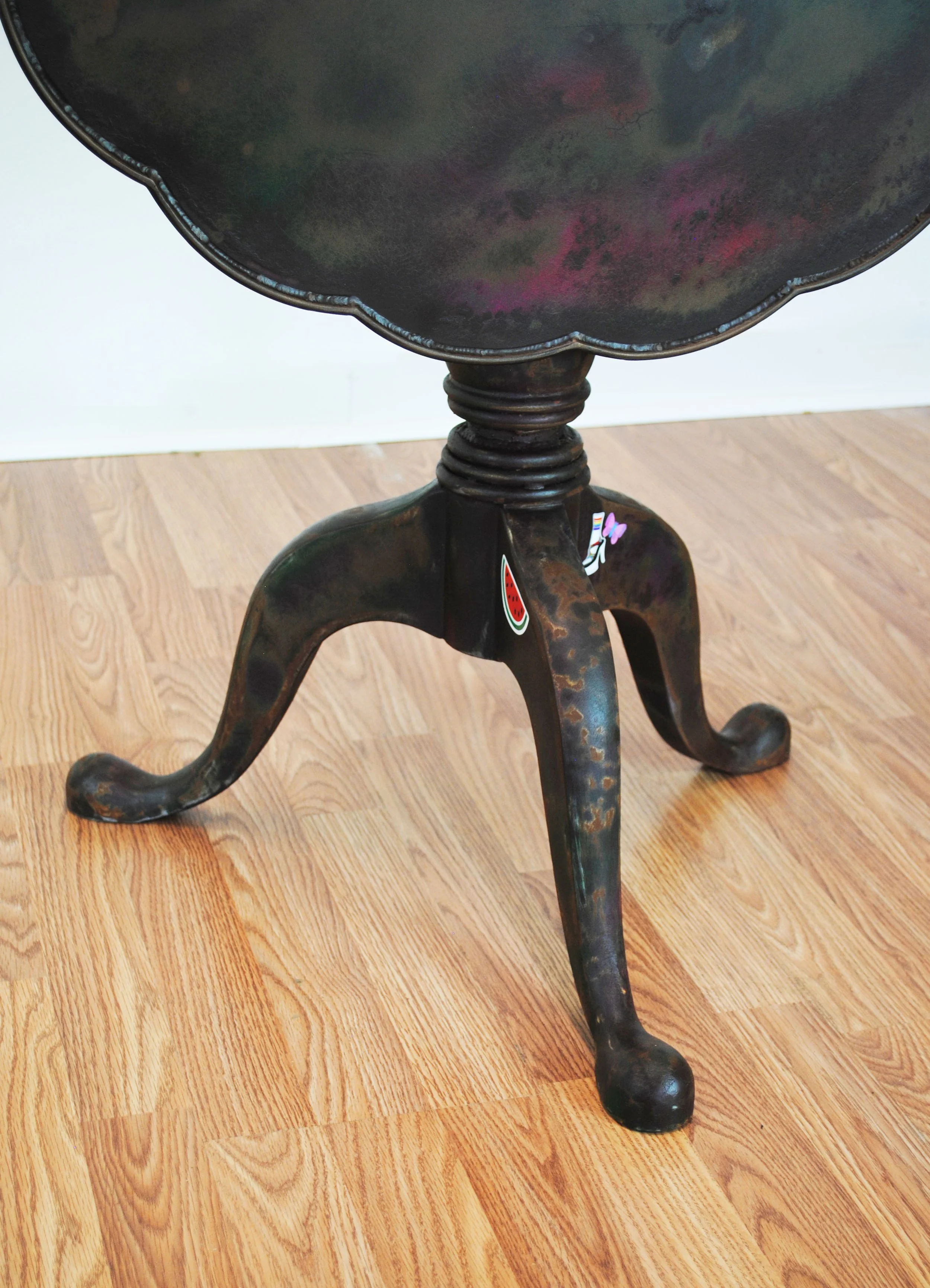 "Sabotage", 2025
Painted and rusted steel, and stickers.
42" H x 29" diameter.