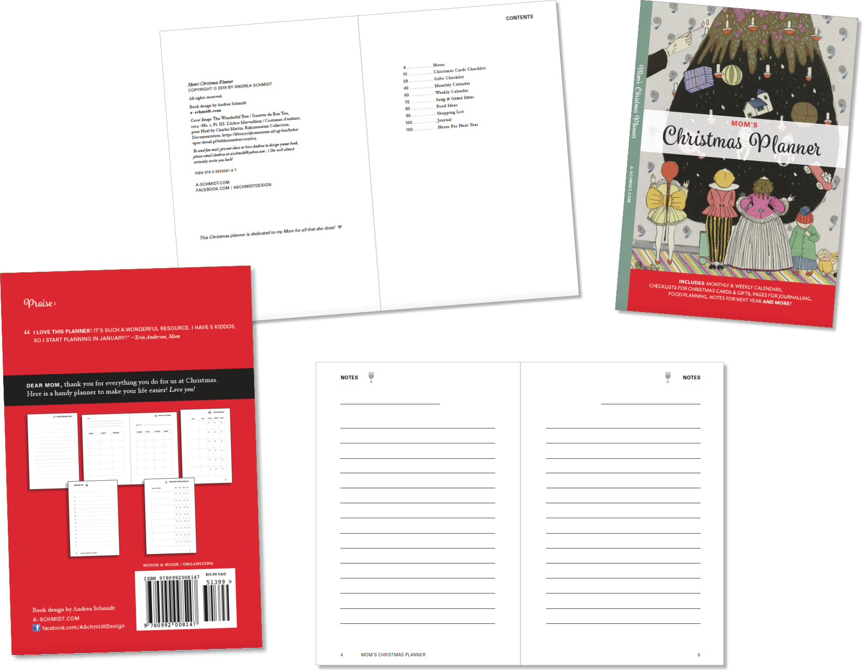Front cover (plus spine), back cover, and a few of the interior pages (called a “spread” by book designers) of Mom’s Christmas Planner!