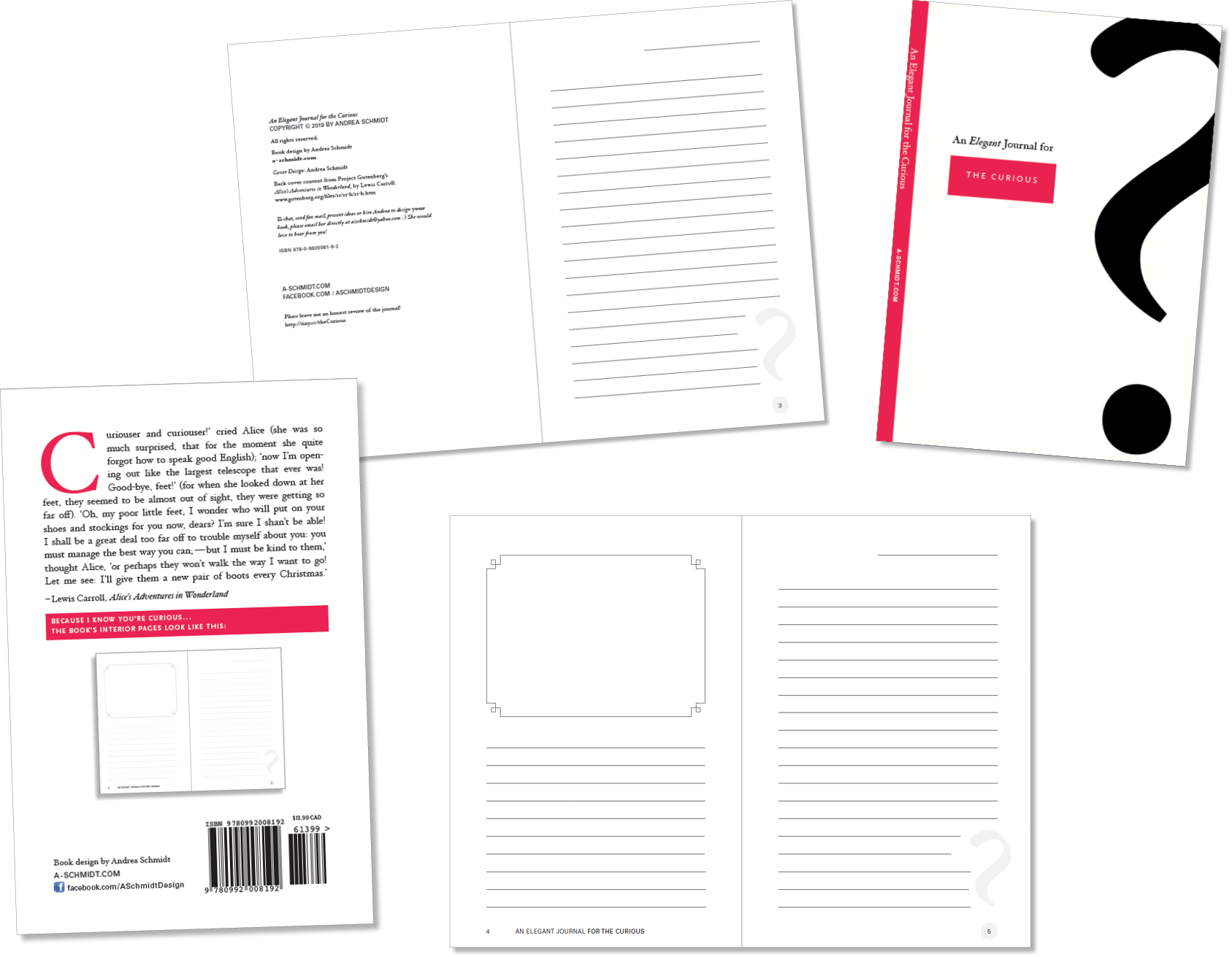 Front cover (plus spine), back cover, and a few of the interior pages (called a “spread” by book designers) of the Elegant Journal for the Curious !
