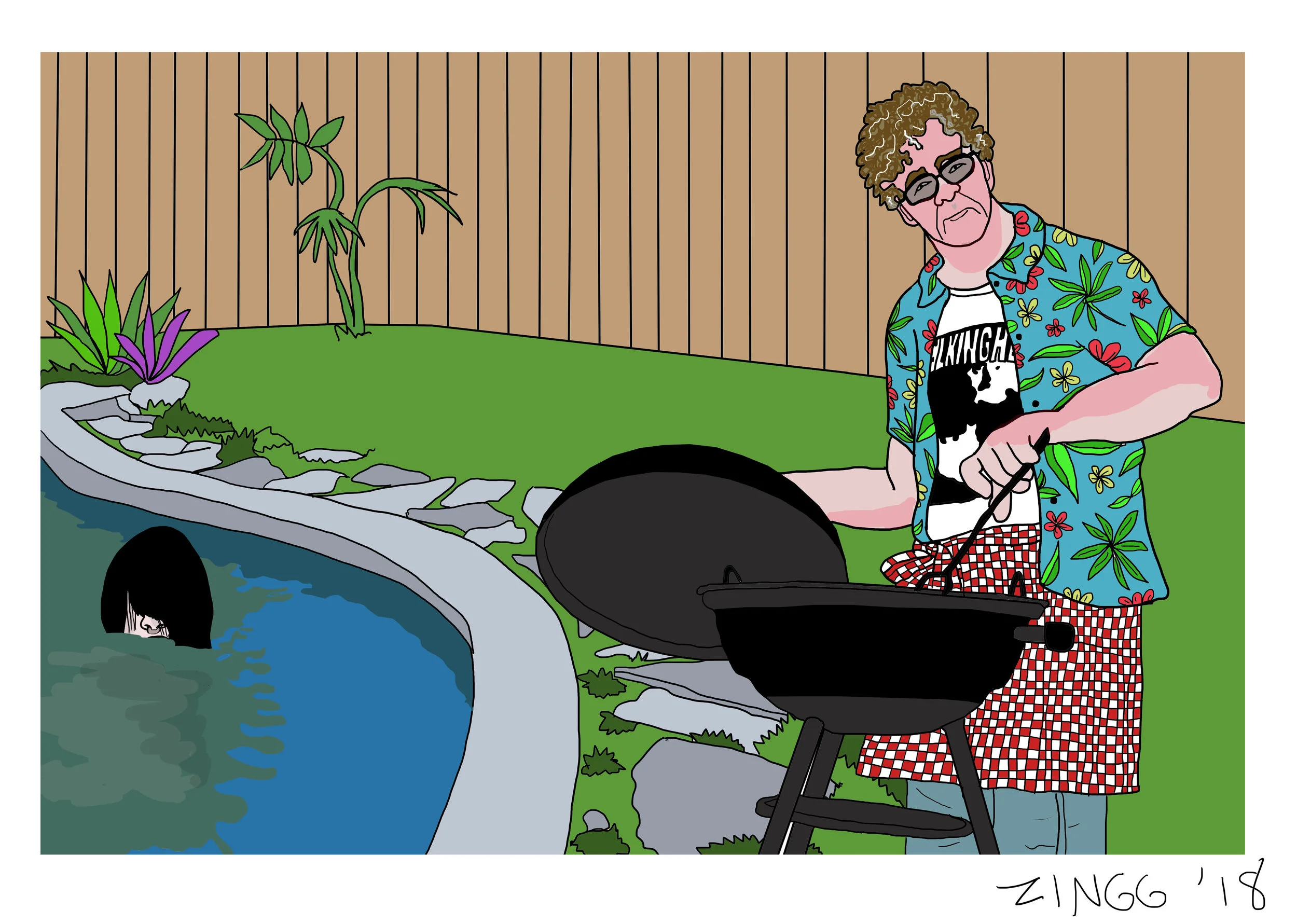 SUNBURNED WHITE BARBECUE DAD WANTS TO KNOW HOW YOU WANT YOUR SALMON AND WHADDAYA MEAN YOU DON'T LIKE THE TALKING HEADS